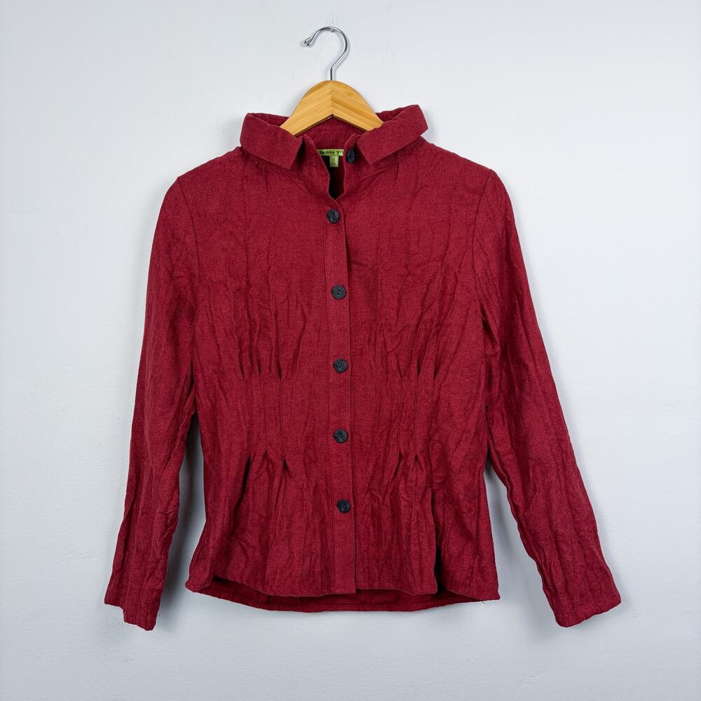 Trisha Tyler Textured Faux Suede Button Front Top Red S